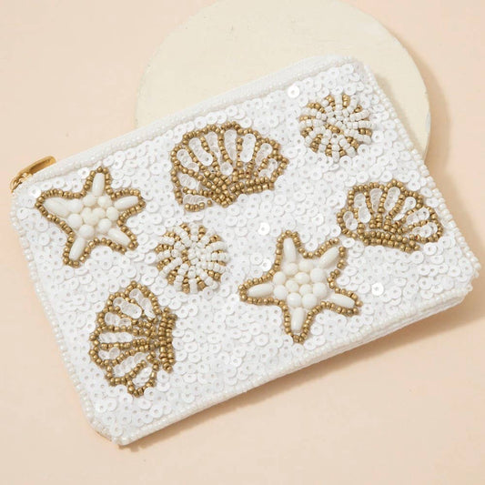 Starfish Clams And Sea Life Seed Beaded Coin Purse