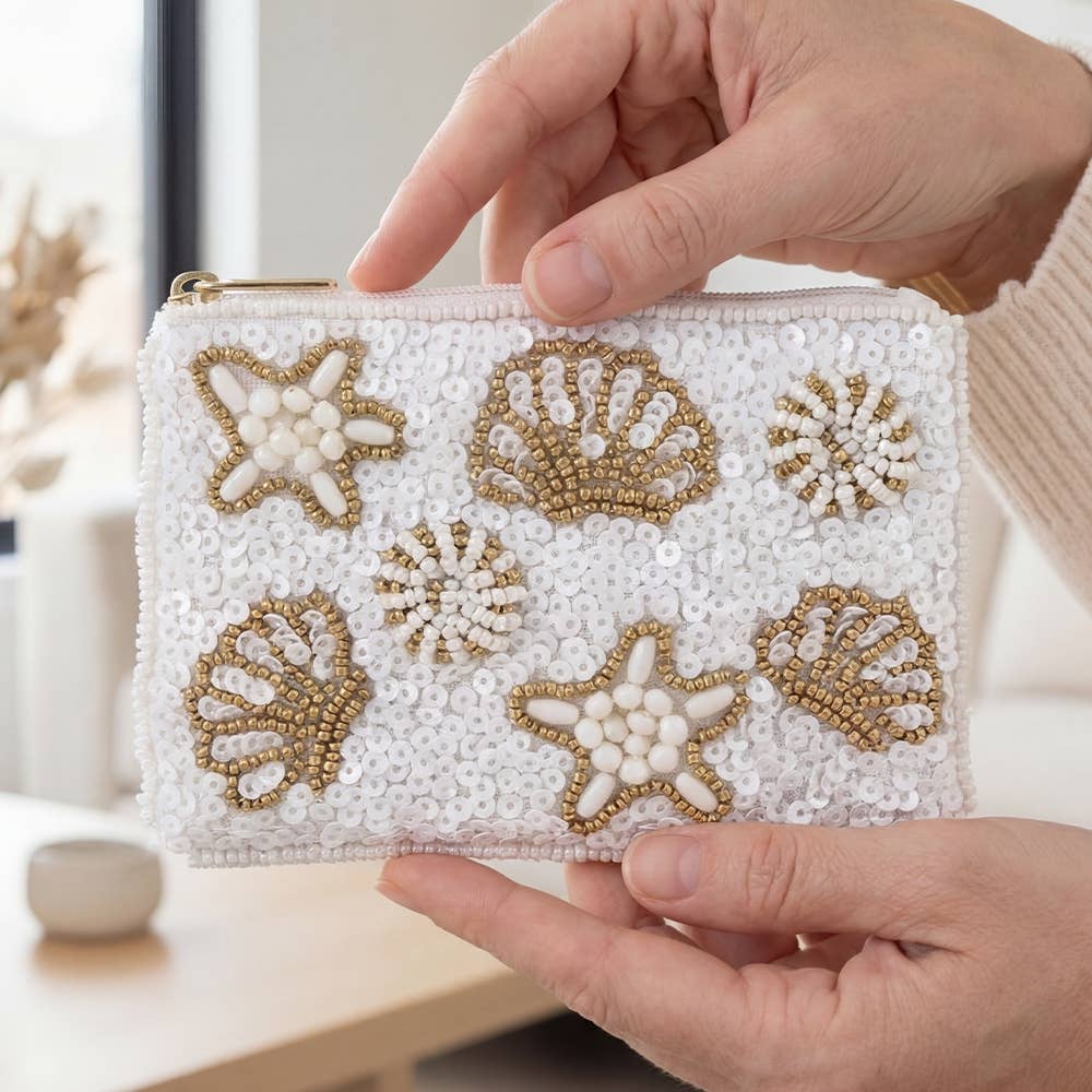 Starfish Clams And Sea Life Seed Beaded Coin Purse